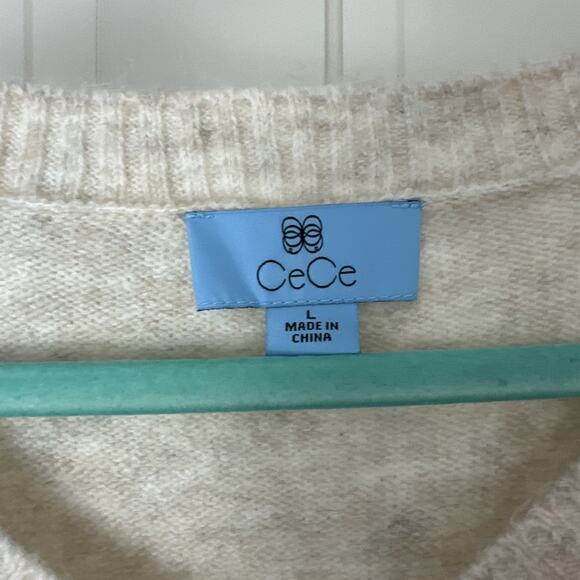 Cece Womans Sweater Top Tan Large Solid Long Sleeve V Neck Pullover NWT - Picture 2 of 7